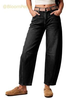 Sidefeel Women's Barrel Jeans Wide Leg Mid Rise Y2k Ankle Denim Pants